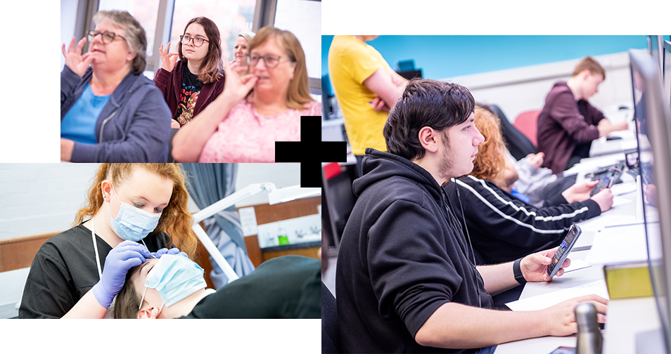 A collage of photos. Photo 1 shows three BSL students practicing sign language whilst seating in a classroom. Photo 2 shows a beauty student wearing PPE face mask and gloves whilst carrying out an eyelash tint on a client. Photo 3 shows computing students sat at computers carrying out coursework.