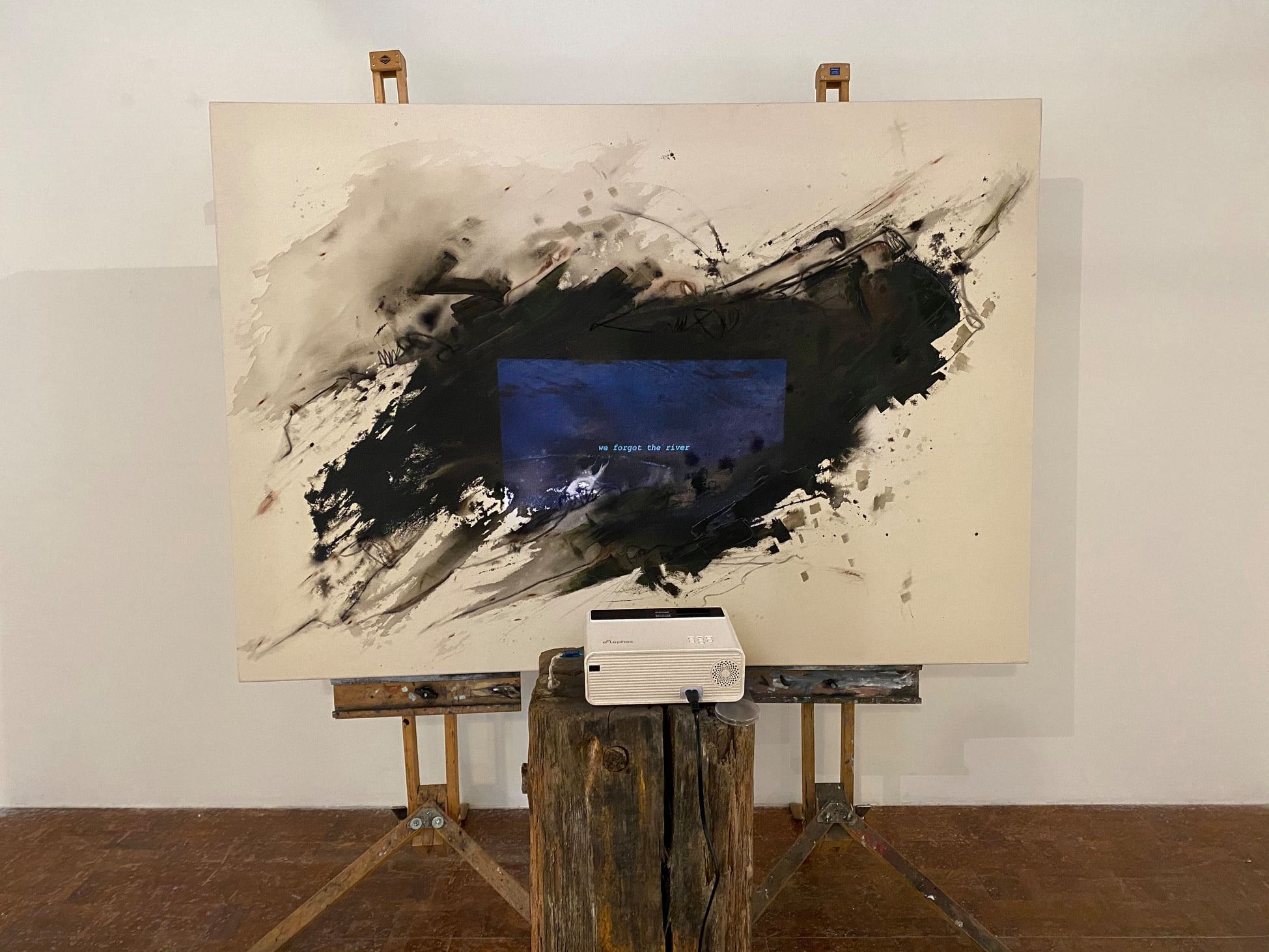 Rachel Jutková, The Story of Many Rivers (Installation view). Video projection, acrylic paint, washed wood, cashmere and wool on canvas, 2020.