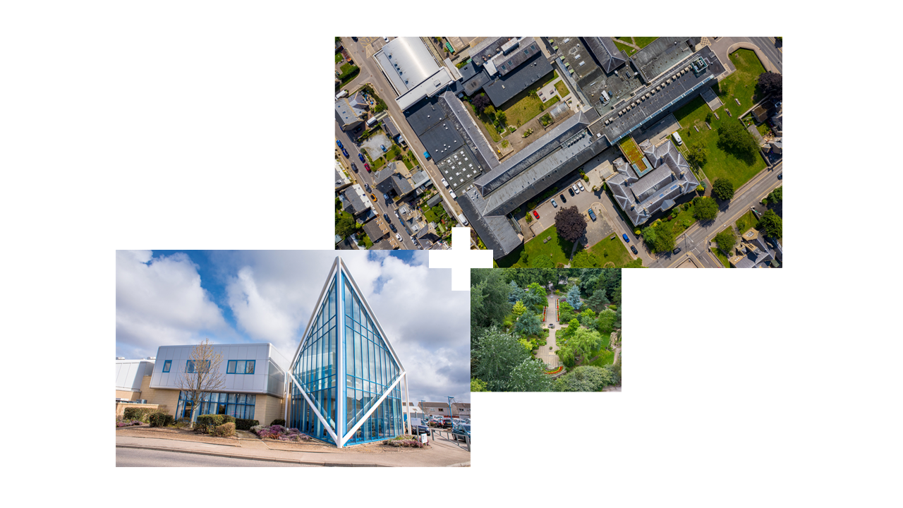 Aerial photo collage of the UHI Moray campuses - Moray Street, Biblical Garden and Linkwood Technology Centre