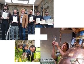 A collage of 3 images showing: a group photo of ESF students holding their certificates, a photo of 3 horticulture students working in the Biblical Garden and a photo of a woman working in a distillery
