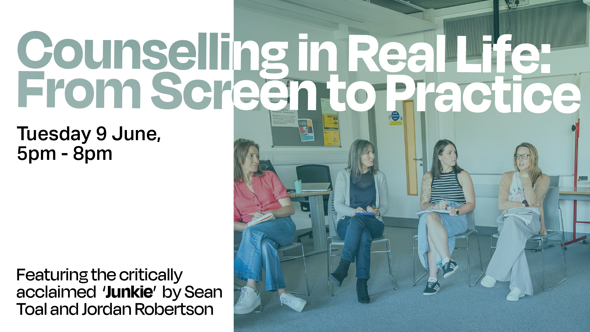 Graphic of counselling students in a discussion setting. Down the left side is a white strip that features the title of the event, date and summary.