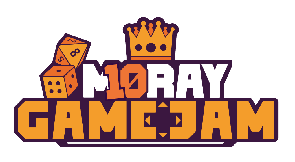 Graphic of the Moray Game Jam logo celebrating its 10th anniversary. On top of the word more is the number 10