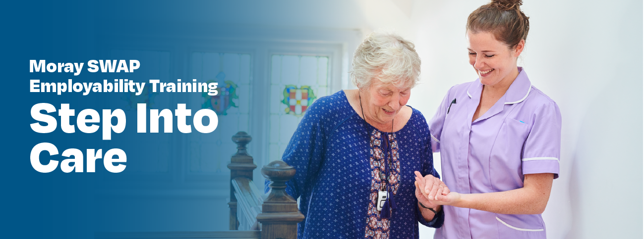 A picture of a carer helping an elderly lady at the top of a flight of stairs. Text on the image reads 