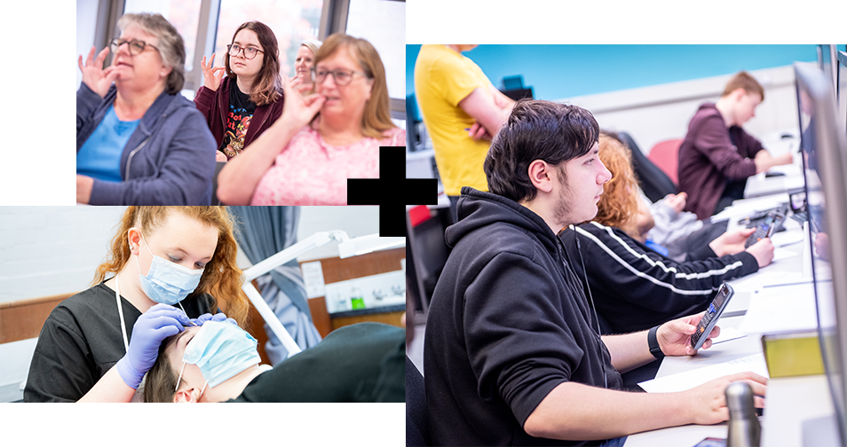 A collage of photos. Photo 1 shows three BSL students practicing sign language whilst seating in a classroom. Photo 2 shows a beauty student wearing PPE face mask and gloves whilst carrying out an eyelash tint on a client. Photo 3 shows computing students sat at computers carrying out coursework. A collage of photos. Photo 1 shows three BSL students practicing sign language whilst seating in a classroom. Photo 2 shows a beauty student wearing PPE face mask and gloves whilst carrying out an eyelash tint on a client. Photo 3 shows computing students sat at computers carrying out coursework.