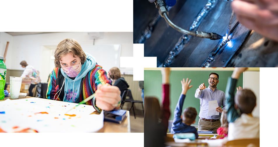 A collage of photos. Photo 1 shows an art student painting an art piece. Photo 2 shows a close up of a student welding. Photo 3 shows a male teacher pointing towards his classroom of children with their hands raised to answer a question.