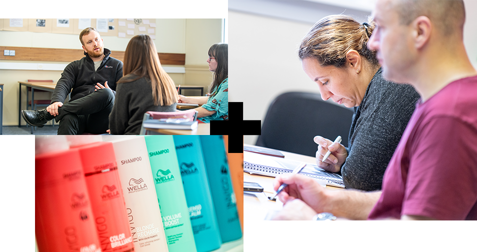 A collage of photos. Photo 1 shows two Counselling students chatting in a classroom. Photo 2 shows two ESOL students writing in their notebooks. Photo 3 shows a closeup of shampoo bottles.