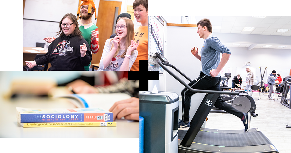 A collage of photos. Photo 1 shows Supported Learning students participating in a drama class. Photo 2 shows two Sociology boks stacked on top of each other on a desk. Photo 3 shows a Sport student running on a treadmill.